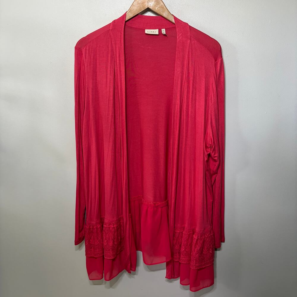 Logo Lori Goldstein Cardigan Open Front Pink Lace Ruffle Peplum Hem Knit 1X